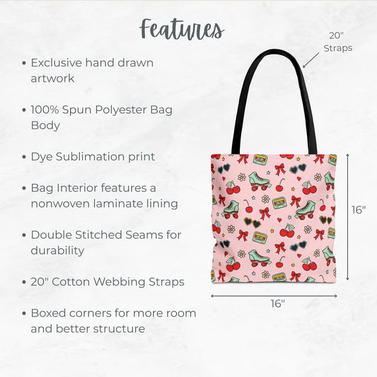 Light Pink Cherry bomb summer Tote Bag, Retro Style Tote