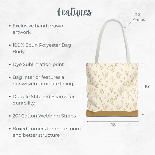 Taupe/ Tan Cactus Tote Bag, Desert Flower Handbag, Western Style Shoulder Purse