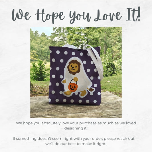 Cute Lion Ghost Trick or Treat Bag – 13" Polka Dot Halloween Candy Tote