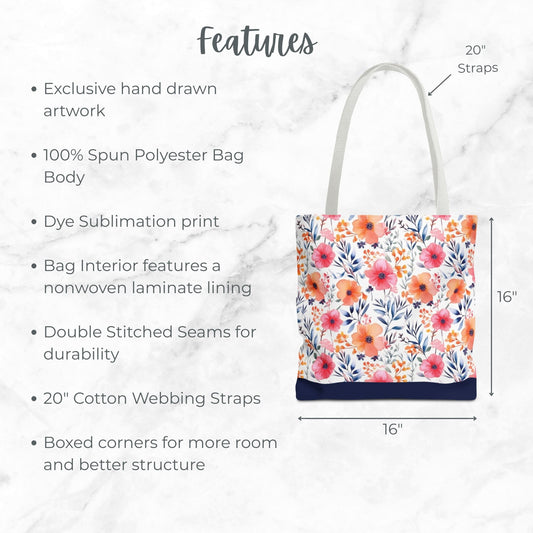 Navy Watercolor Floral Tote Bag, Customizable Name, Flower Patterned Shoulder Bag, Reusable Shopping Bag