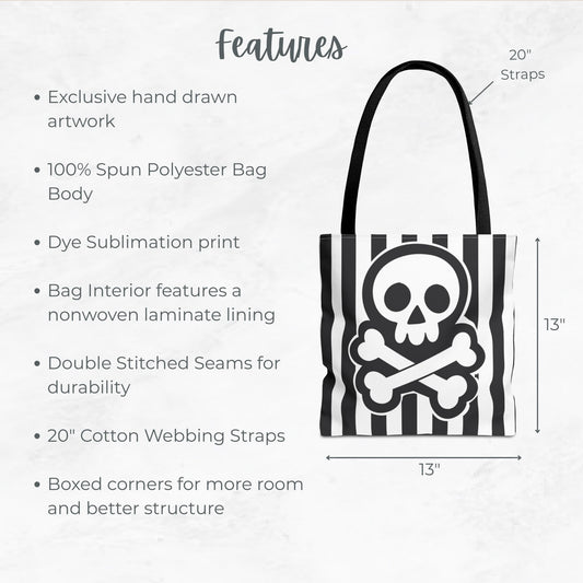 Skull and Crossbones Trick or Treat Bag – 13" Striped Black and White Halloween Tote