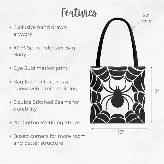 Spider Web Trick or Treat Bag – 13" Black and White Halloween Tote with Spider Design