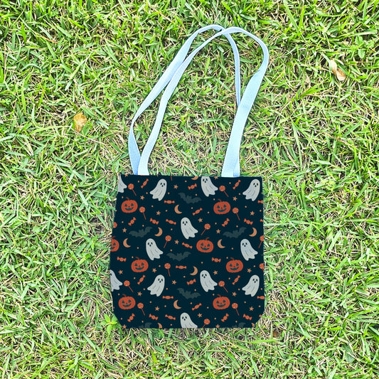 Orange Ghost Halloween Trick or Treat Bag – Cute Ghosts, Pumpkins, Candy & Bats Pattern – 13” Reusable Tote for Kids
