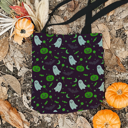 Green Ghost Halloween Trick or Treat Bag – Cute Ghosts, Pumpkins, Candy & Bats – Reusable 13” Tote for Kids