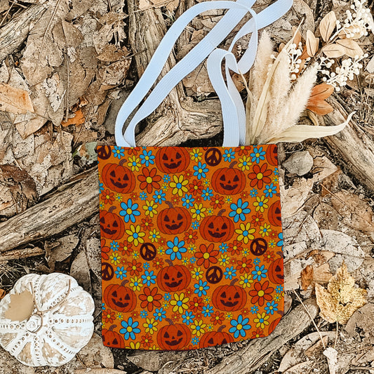 Groovy Halloween Trick or Treat Bag – Retro Pumpkins, Peace Signs & Flowers – 13” Tote for Kids or Halloween Lovers