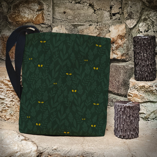 Spooky Jungle Eyes Trick or Treat Bag – Dark Green Leaves with Glowing Eyes – 13” Halloween Tote for Kids or Adults