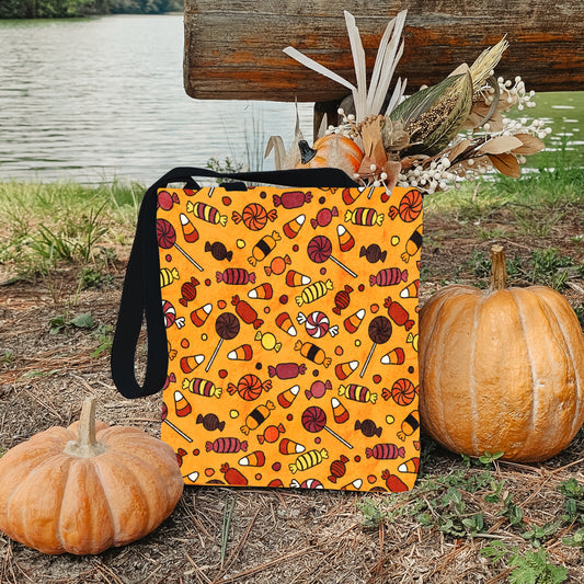 Halloween Candy Trick or Treat Bag – Orange Hand-Drawn Candy Pattern – 13” Tote for Kids’ Candy Hauls