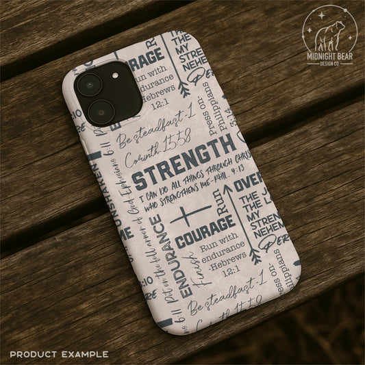 Blue Grey Strength and Endurance Seamless Pattern | Christian Word Grid with Bible Verses