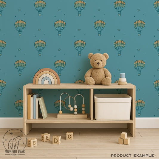 Hot Air Balloon Seamless Pattern | Blue Adventure Sky Design with Stars | Whimsical Travel Digital Paper, Fabric, or Wallpaper, Scrapbook