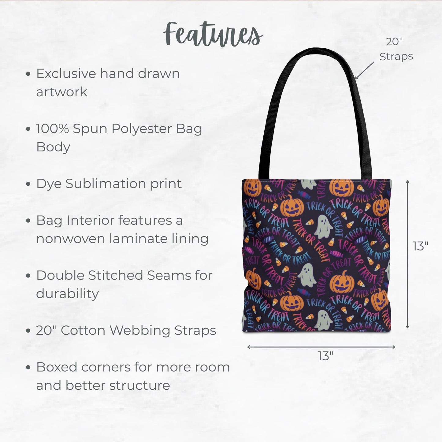 Purple Trick or Treat Halloween Bag – Neon Ghosts, Pumpkins, Candy & Lettering – 13” Kids Tote for Trick or Treating