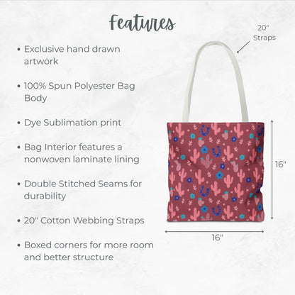 Pink/ Blue Ditsy floral Cactus Tote Bag, Desert Flower Handbag, Western Style Shoulder Purse, Canvas Carryall, Southwestern