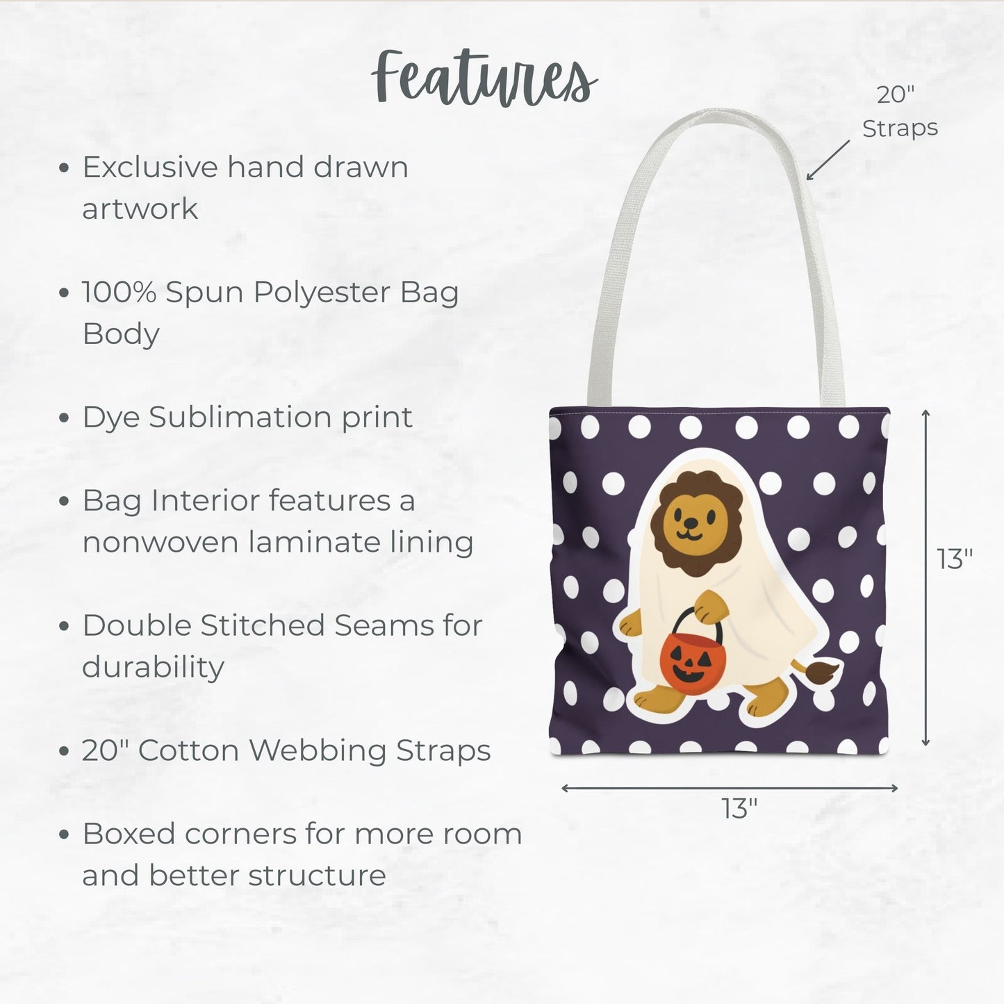Cute Lion Ghost Trick or Treat Bag – 13" Polka Dot Halloween Candy Tote