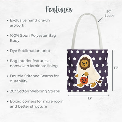 Cute Lion Ghost Trick or Treat Bag – 13" Polka Dot Halloween Candy Tote