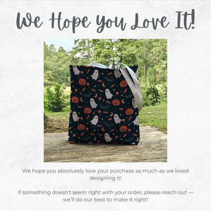 Orange Ghost Halloween Trick or Treat Bag – Cute Ghosts, Pumpkins, Candy & Bats Pattern – 13” Reusable Tote for Kids