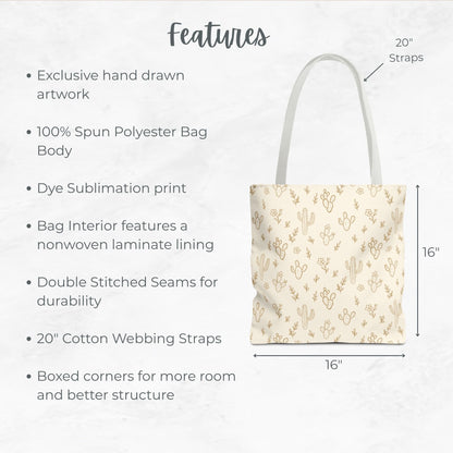 Taupe Cactus Tote Bag, Desert Flower Handbag, Western Style Shoulder Purse