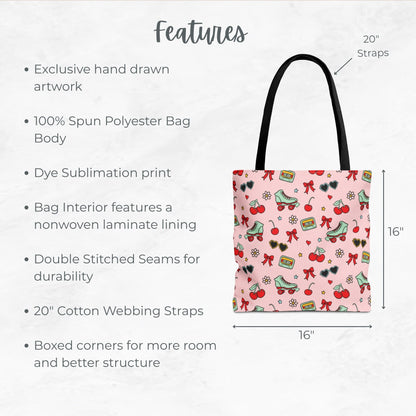 Light Pink Cherry bomb summer Tote Bag, Retro Style Tote