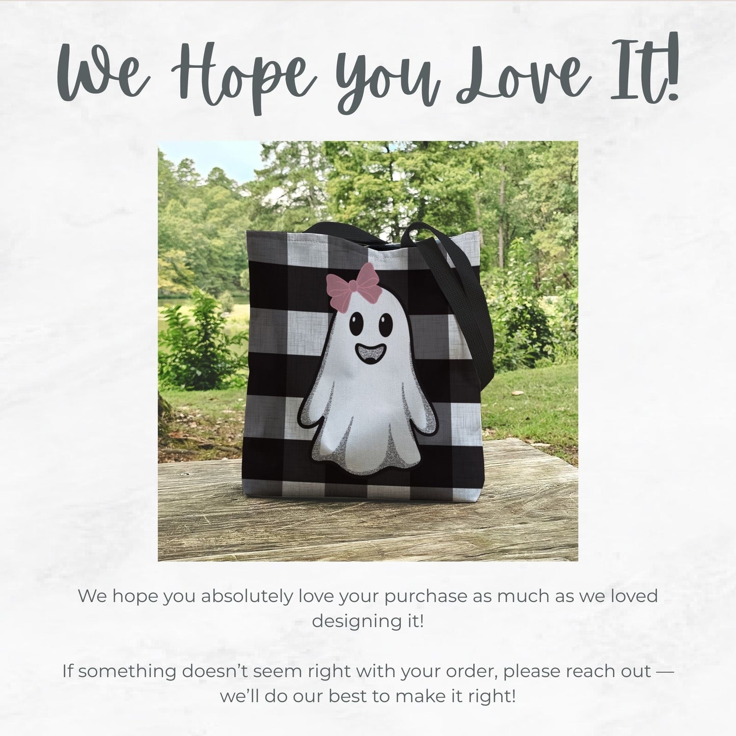 Girly Ghost Trick or Treat Bag – 13" Buffalo Plaid Halloween Tote with Pink Bow