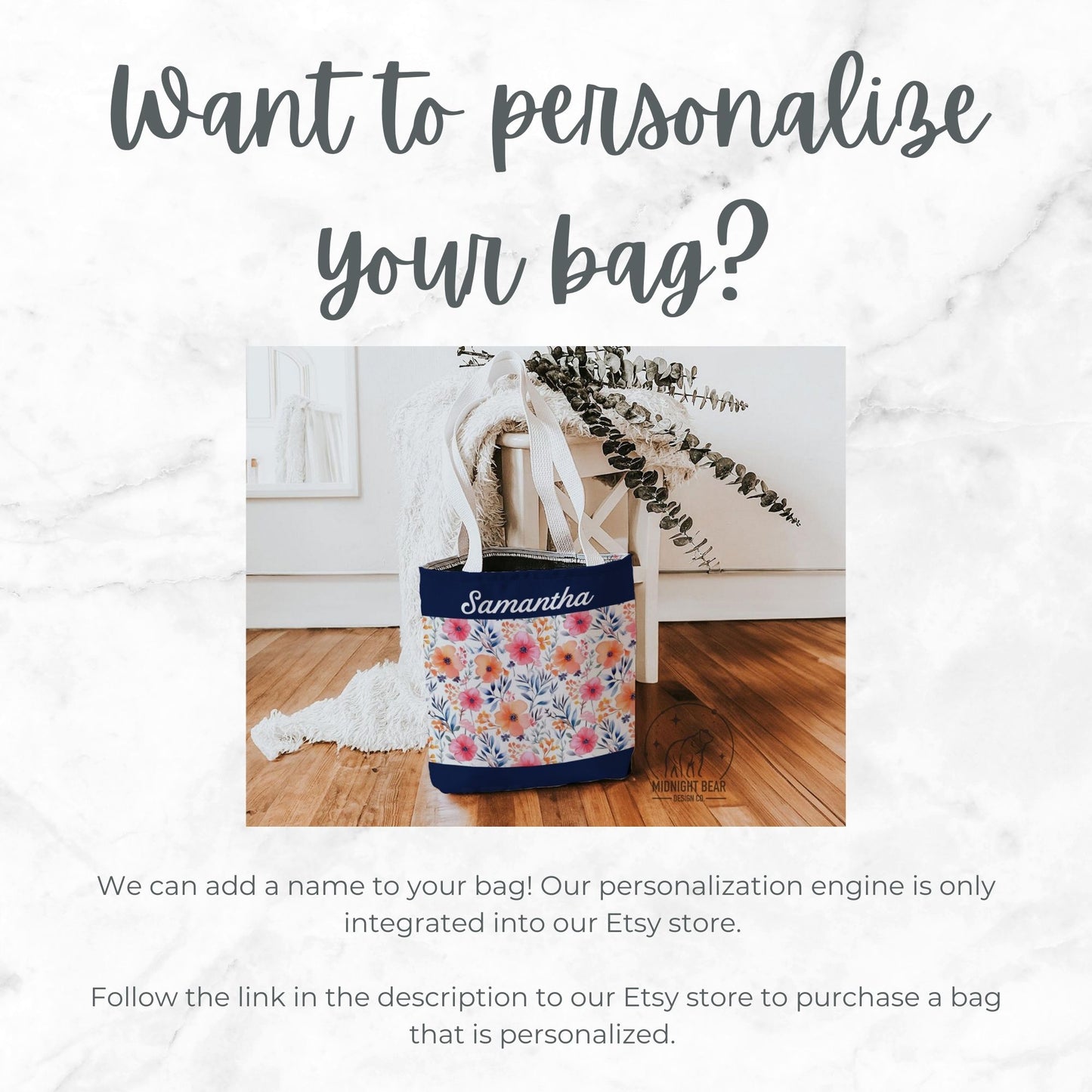 Navy Watercolor Floral Tote Bag, Customizable Name, Flower Patterned Shoulder Bag, Reusable Shopping Bag