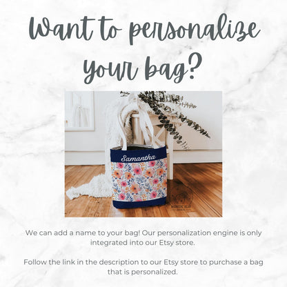 Navy Watercolor Floral Tote Bag, Customizable Name, Flower Patterned Shoulder Bag, Reusable Shopping Bag