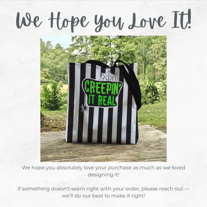 Creepin’ It Real Trick or Treat Bag – 13" Striped Halloween Tote with Spider Design