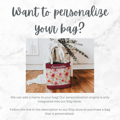 Red Watercolor Floral Tote Bag, Customizable Name, Flower Patterned Shoulder Bag, Reusable Shopping Bag