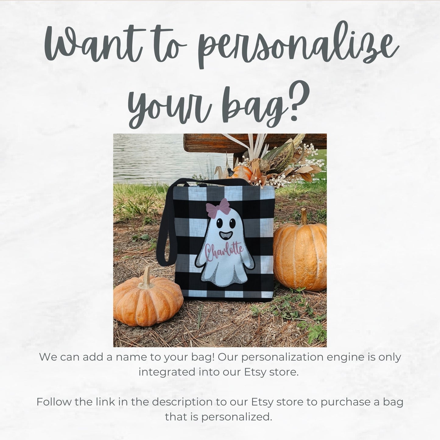 Girly Ghost Trick or Treat Bag – 13" Buffalo Plaid Halloween Tote with Pink Bow