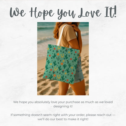 Turquoise Ditsy floral Cactus Tote Bag, Desert Flower Handbag, Western Style Shoulder Purse, Canvas Carryall, Southwestern