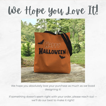 Happy Halloween Trick or Treat Bag – 13" Orange Tote with Bat Design