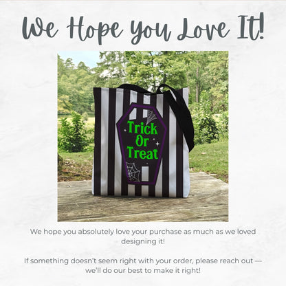 Trick or Treat Coffin Bag – 13" Striped Halloween Tote with Spider Web Design