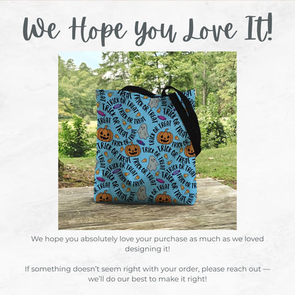 Blue Trick or Treat Halloween Bag – Cute Ghosts, Pumpkins, Candy & Lettering Pattern – 13” Kids Tote for Halloween Night