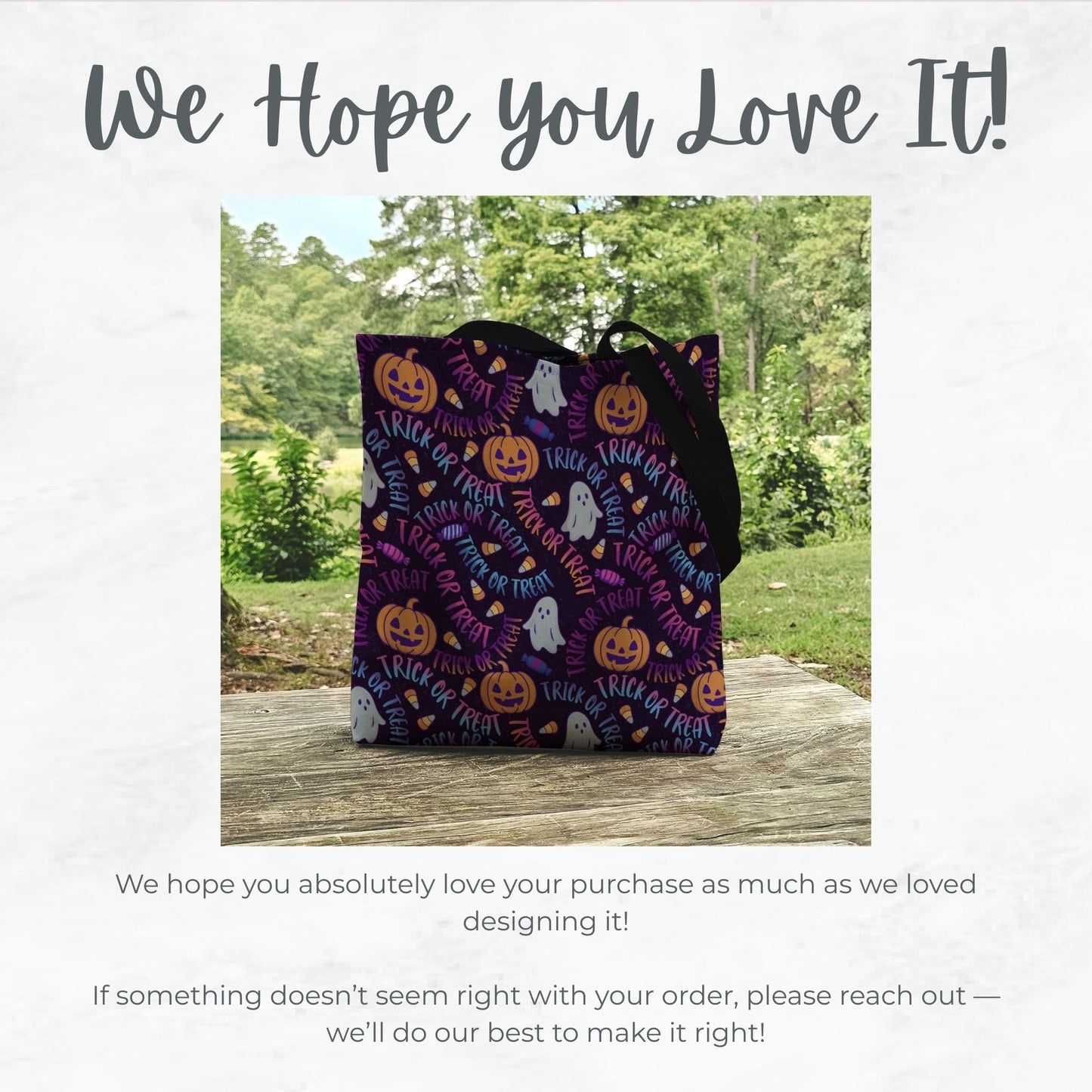 Purple Trick or Treat Halloween Bag – Neon Ghosts, Pumpkins, Candy & Lettering – 13” Kids Tote for Trick or Treating