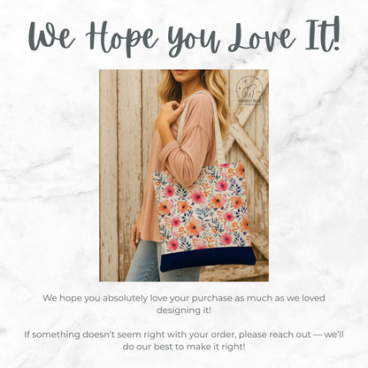 Navy Watercolor Floral Tote Bag, Customizable Name, Flower Patterned Shoulder Bag, Reusable Shopping Bag