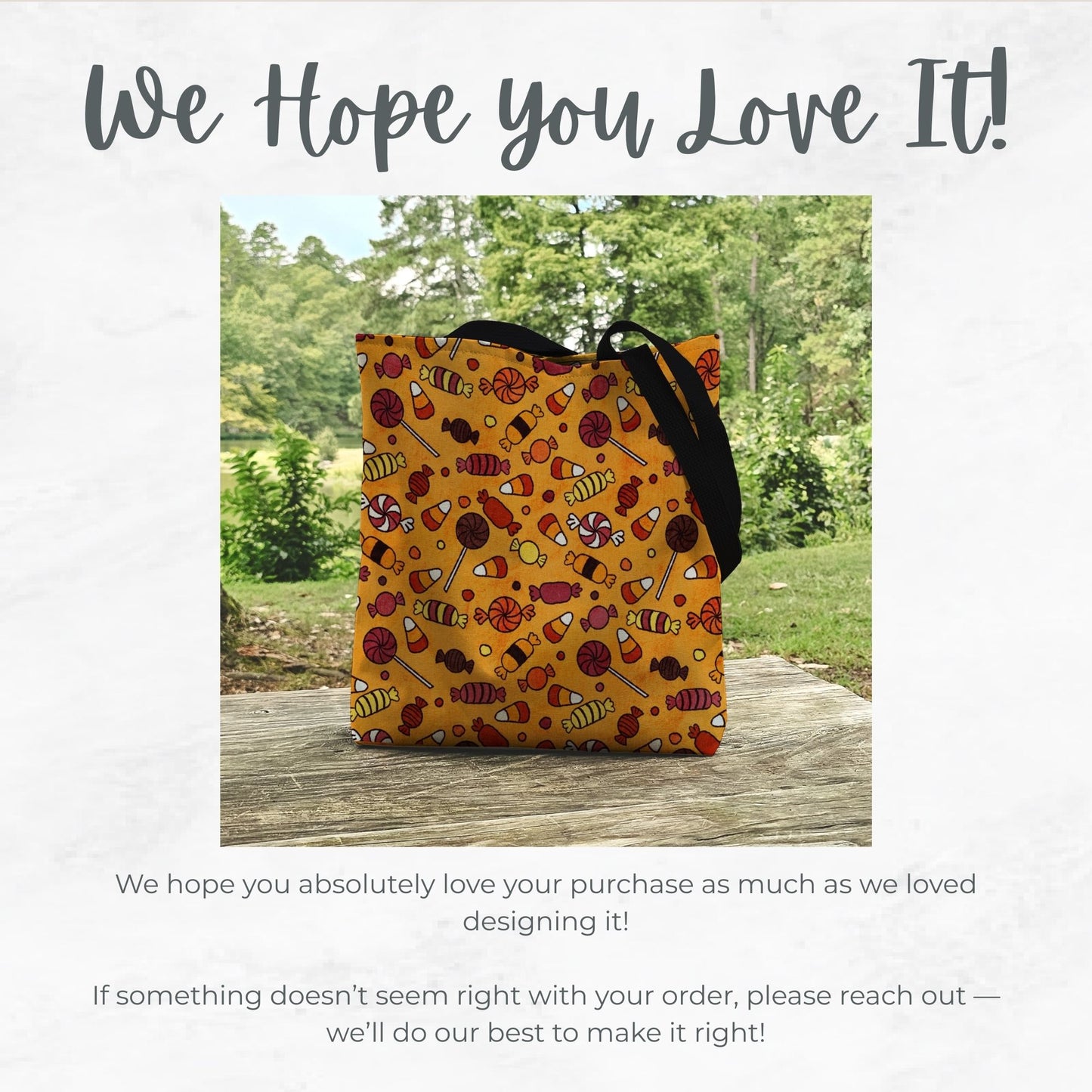 Halloween Candy Trick or Treat Bag – Orange Hand-Drawn Candy Pattern – 13” Tote for Kids’ Candy Hauls