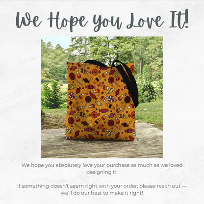 Halloween Candy Trick or Treat Bag – Orange Hand-Drawn Candy Pattern – 13” Tote for Kids’ Candy Hauls