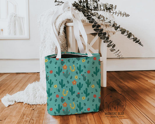 Turquoise Ditsy floral Cactus Tote Bag, Desert Flower Handbag, Western Style Shoulder Purse, Canvas Carryall, Southwestern