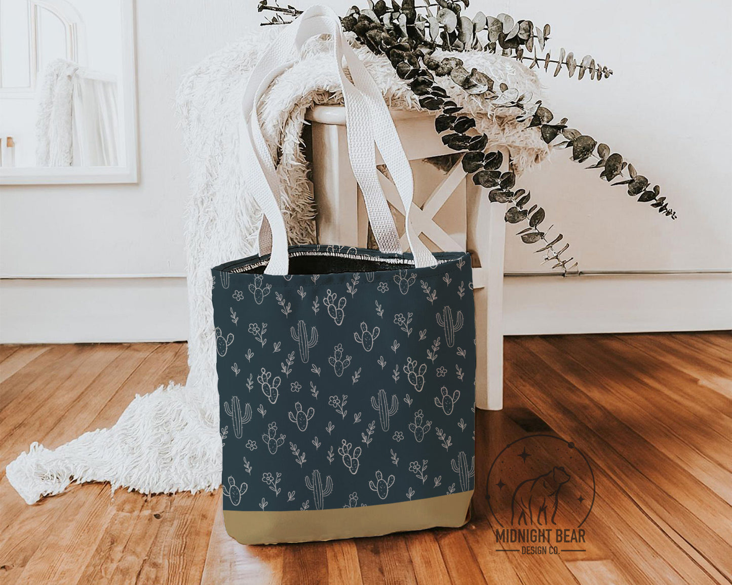 Navy/ Tan Cactus Tote Bag, Desert Flower Handbag, Western Style Shoulder Purse