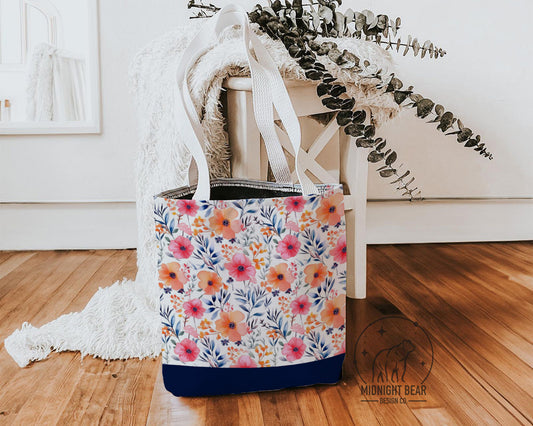 Navy Watercolor Floral Tote Bag, Customizable Name, Flower Patterned Shoulder Bag, Reusable Shopping Bag