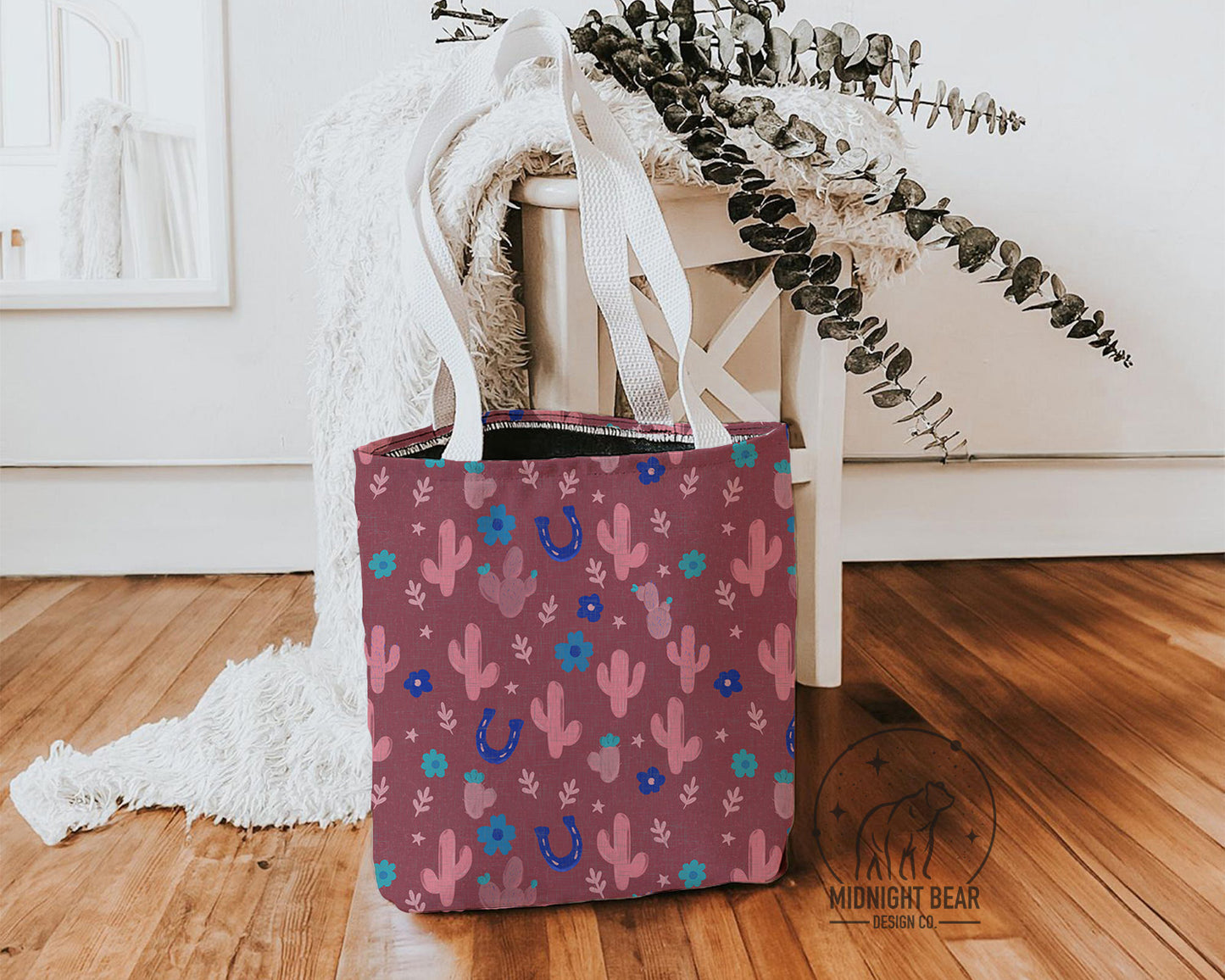 Pink/ Blue Ditsy floral Cactus Tote Bag, Desert Flower Handbag, Western Style Shoulder Purse, Canvas Carryall, Southwestern