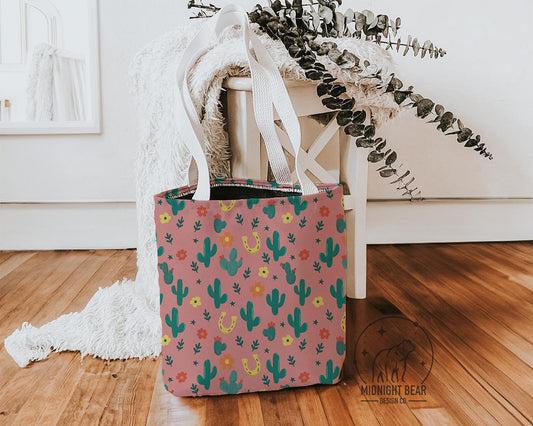 Pink/Green Ditsy floral Cactus Tote Bag, Desert Flower Handbag, Western Style Shoulder Purse, Canvas Carryall, Southwestern