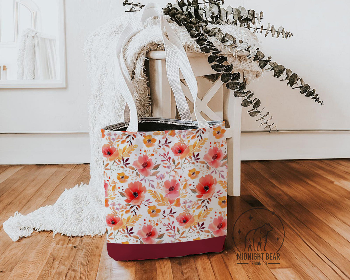 Red Watercolor Floral Tote Bag, Customizable Name, Flower Patterned Shoulder Bag, Reusable Shopping Bag