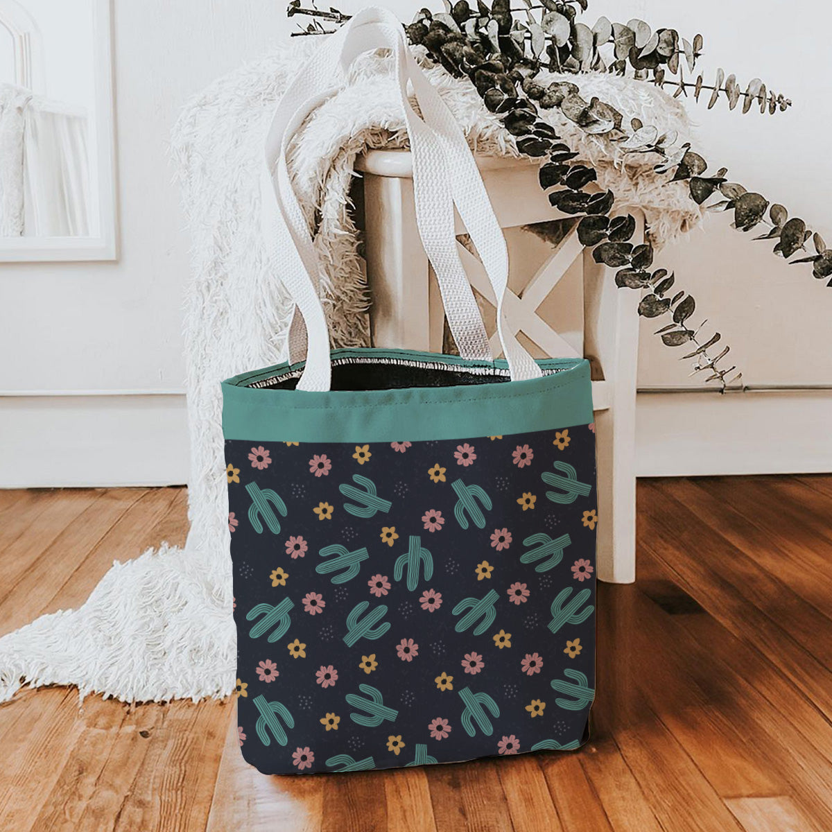 Turquoise Cactus Tote Bag, Personalized Desert Flower Handbag, Western Style Shoulder Purse, Customizable Canvas Carryall, Southwestern