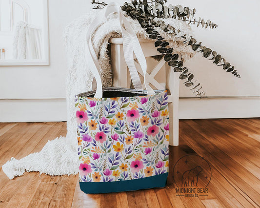 Teal Watercolor Floral Tote Bag, Customizable Name, Flower Patterned Shoulder Bag, Reusable Shopping Bag