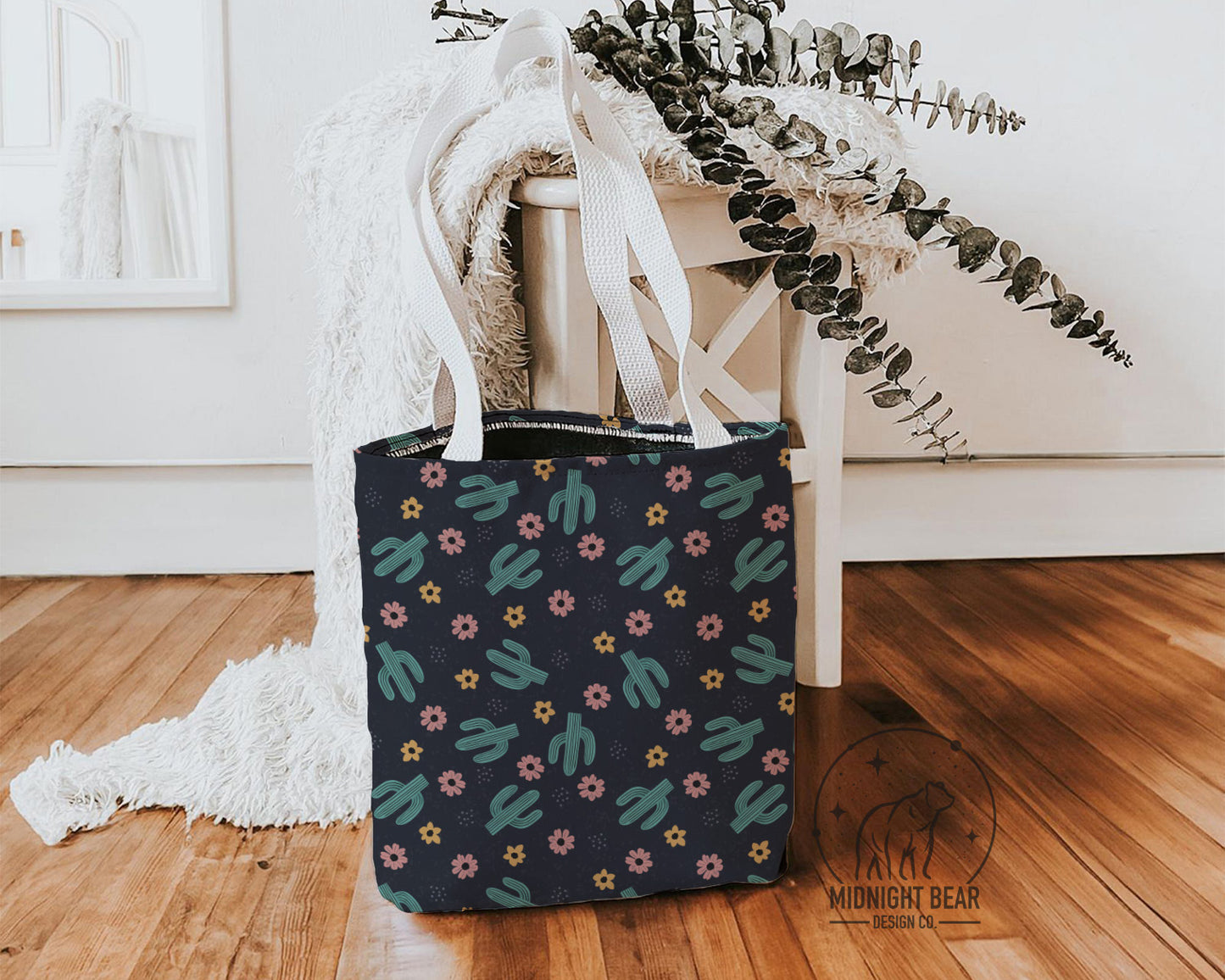 Black Cactus Tote Bag, Personalized Desert Flower Handbag, Western Style Shoulder Purse, Pink Teal, Customizable Canvas Carryall, Southwestern