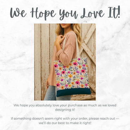 Teal Watercolor Floral Tote Bag, Customizable Name, Flower Patterned Shoulder Bag, Reusable Shopping Bag