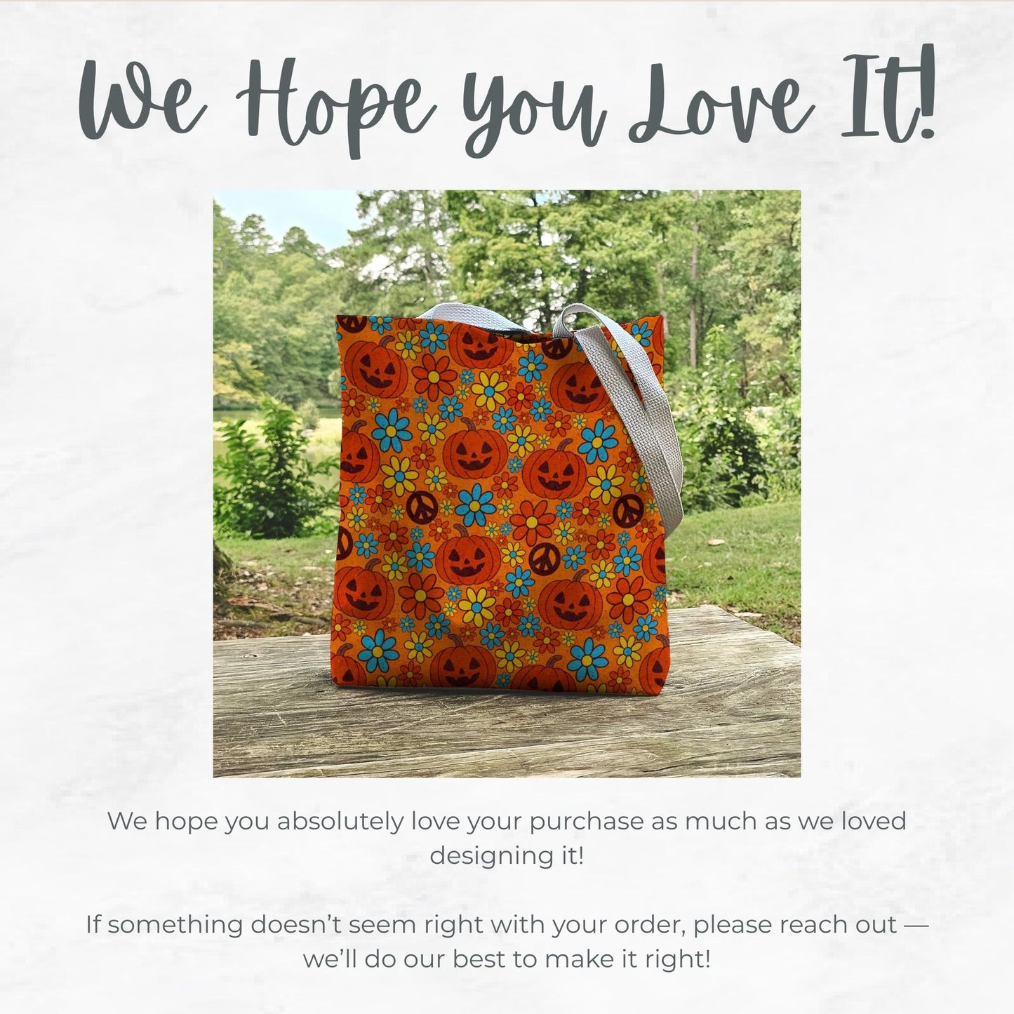 Groovy Halloween Trick or Treat Bag – Retro Pumpkins, Peace Signs & Flowers – 13” Tote for Kids or Halloween Lovers