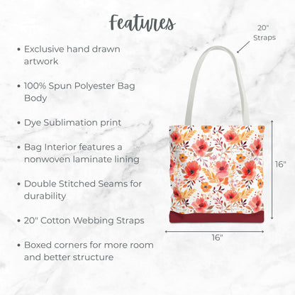 Red Watercolor Floral Tote Bag, Customizable Name, Flower Patterned Shoulder Bag, Reusable Shopping Bag