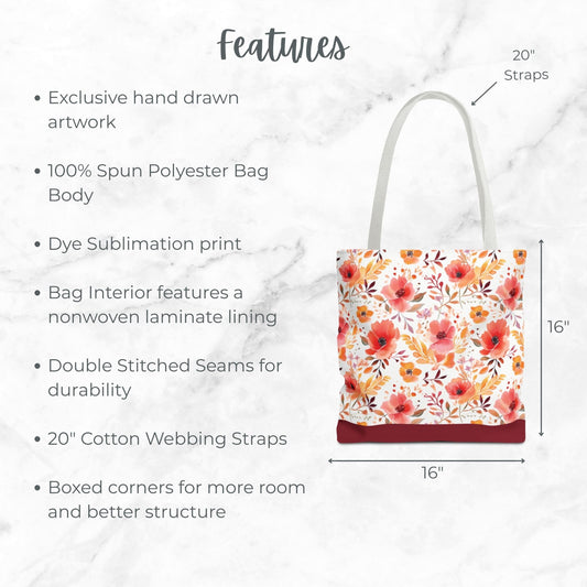 Red Watercolor Floral Tote Bag, Customizable Name, Flower Patterned Shoulder Bag, Reusable Shopping Bag