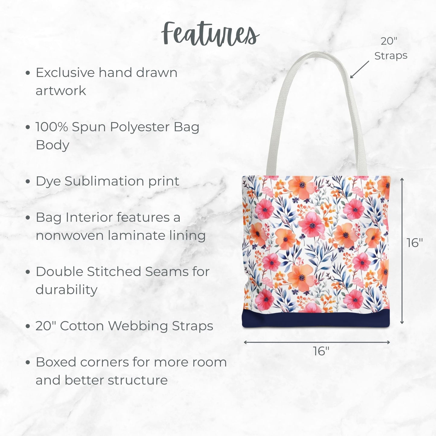 Navy Watercolor Floral Tote Bag, Customizable Name, Flower Patterned Shoulder Bag, Reusable Shopping Bag
