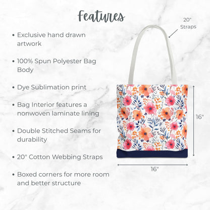 Navy Watercolor Floral Tote Bag, Customizable Name, Flower Patterned Shoulder Bag, Reusable Shopping Bag