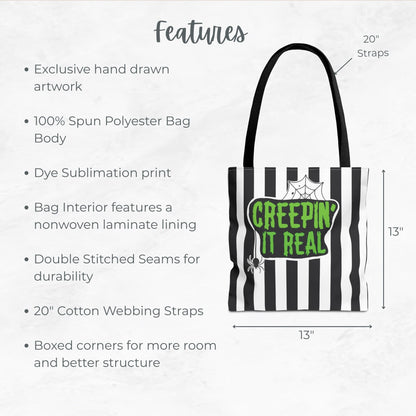 Creepin’ It Real Trick or Treat Bag – 13" Striped Halloween Tote with Spider Design